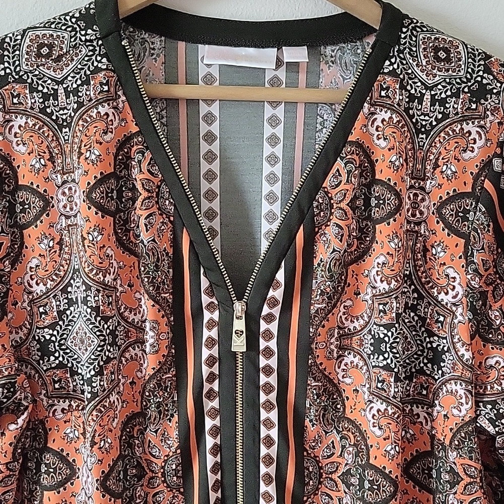 Belle by Kim Gravel Olive Orange 1/2‎ Zip Popover Blouse Size Small - Picture 2 of 6